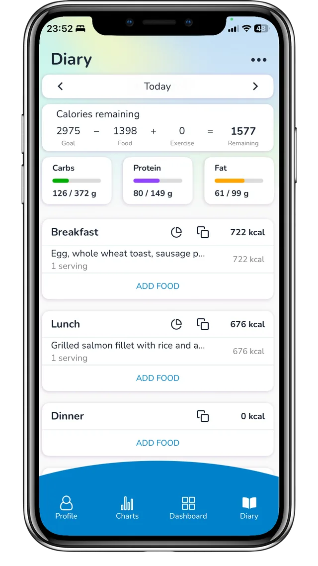 MacroTracker's diary screen logging breakfast and lunch against a daily calorie and macro budget