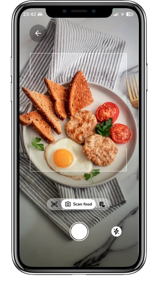 MacroTracker's scan food screen aimed at a plate of eggs, toast, sausage patties, and tomatoes