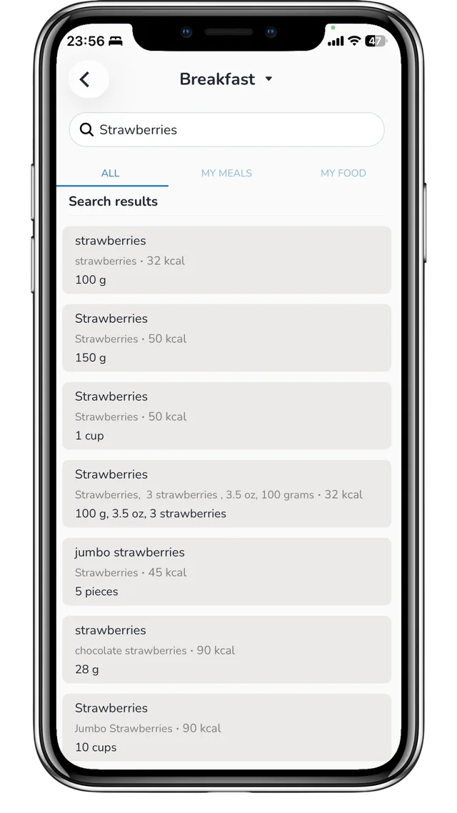 MacroTracker's food search results for strawberries showing calories and serving sizes